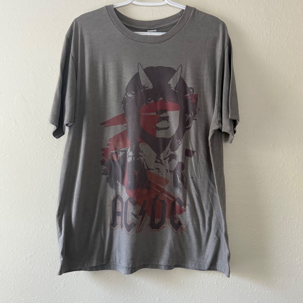 AC/DC Angus Young Devil Horns Graphic T-Shirt Gray Mens XL Rock Band Tee Y2K
